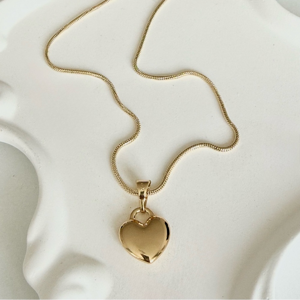 14k Gold Plated Heart Snake Bone Chain Necklace Rhodium Over Water Resistant
